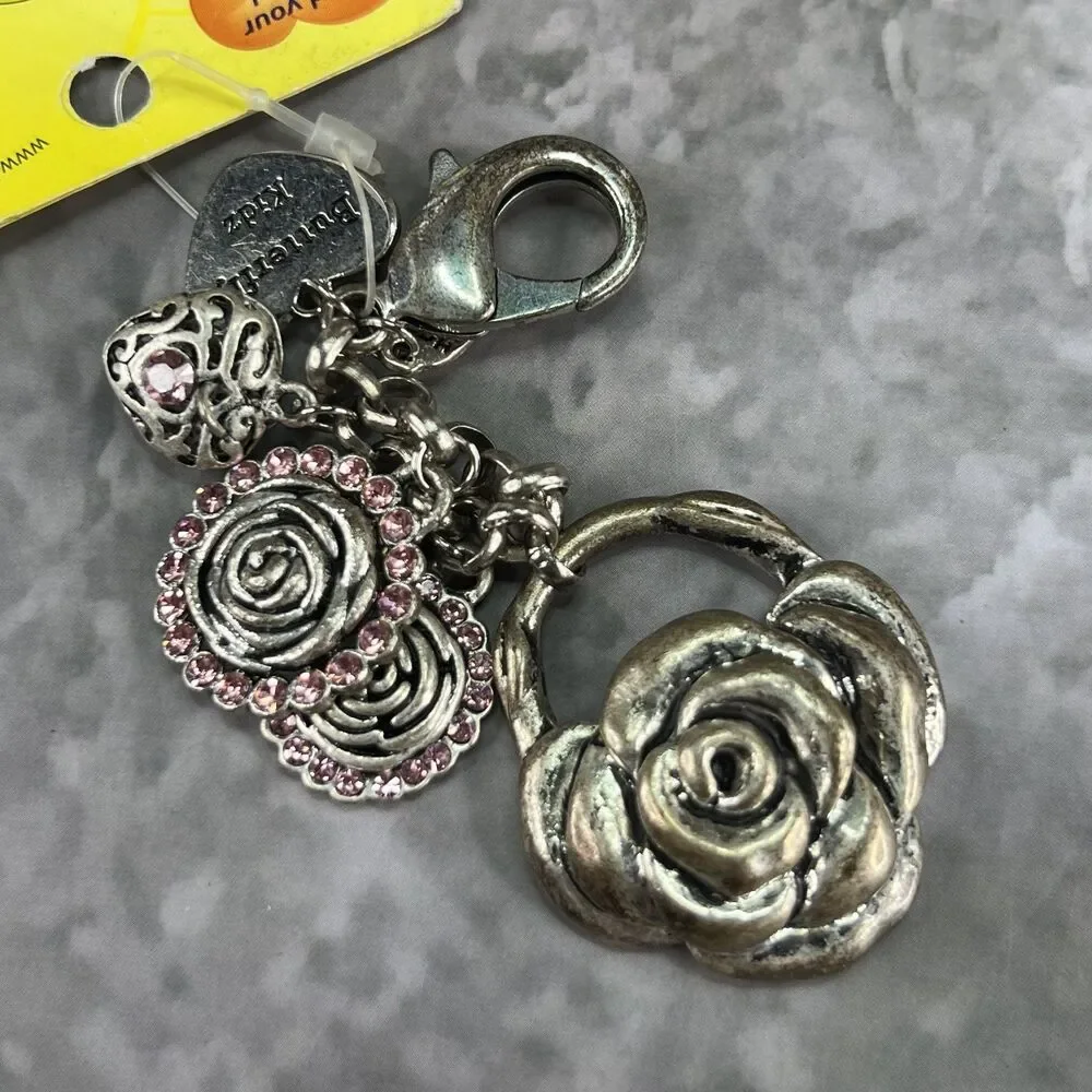 Vintage Silver Tone Heart & Rose Charm Keychain Bling Purse Charm Keyring NEW